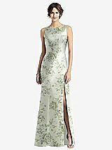 Front View Thumbnail - Sage Cottage Rose Sleeveless Floral Satin Trumpet Gown with Bow at Open-Back