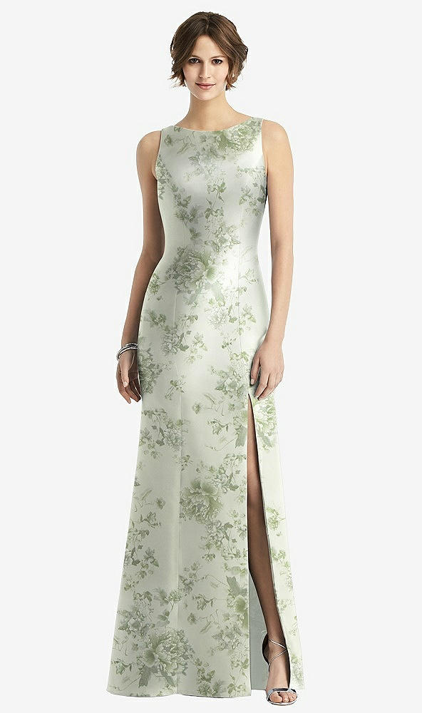 Front View - Sage Cottage Rose Sleeveless Floral Satin Trumpet Gown with Bow at Open-Back