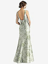 Rear View Thumbnail - Sage Cottage Rose Sleeveless Floral Satin Trumpet Gown with Bow at Open-Back