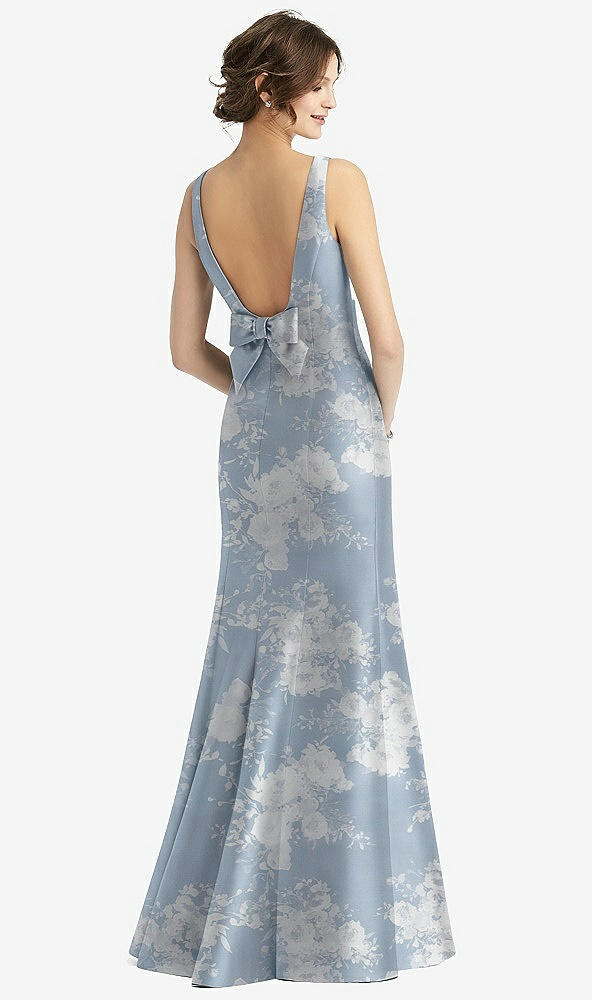 Back View - Porcelain Blue Seraphina Floral Sleeveless Floral Satin Trumpet Gown with Bow at Open-Back