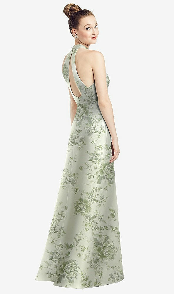 Back View - Sage Cottage Rose High-Neck Cutout Floral Satin Dress with Pockets