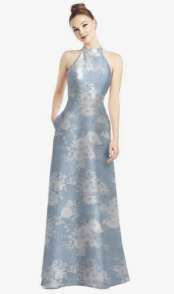 Front View - Porcelain Blue Seraphina Floral High-Neck Cutout Floral Satin Dress with Pockets