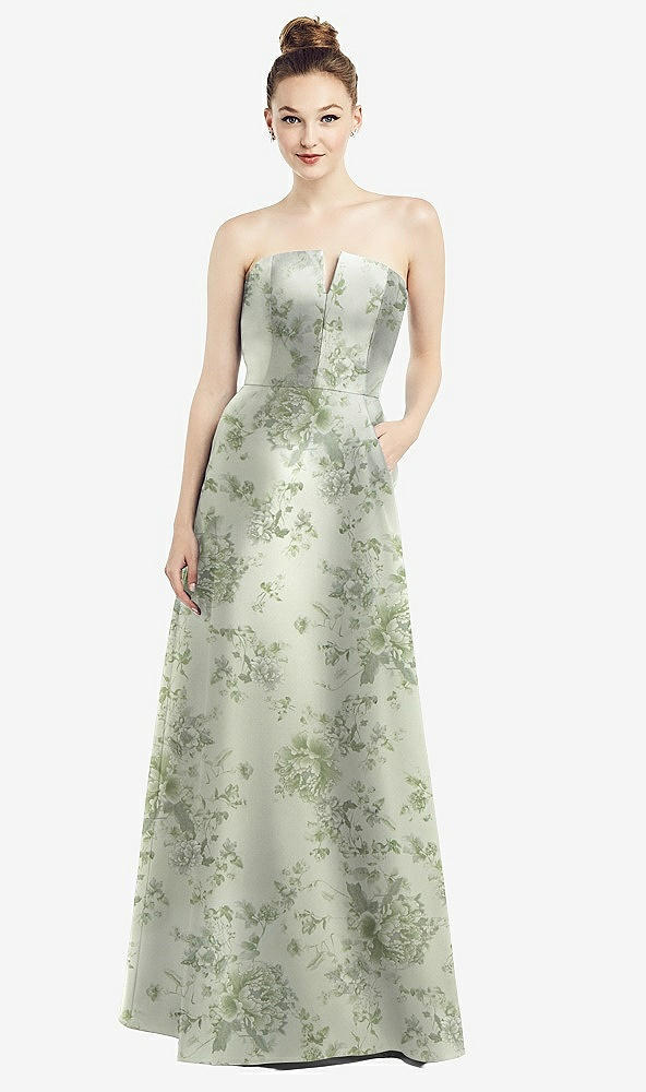 Front View - Sage Cottage Rose Strapless Notch Floral Satin Gown with Pockets