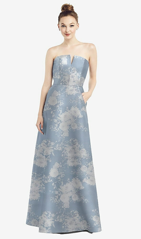 Front View - Porcelain Blue Seraphina Floral Strapless Notch Floral Satin Gown with Pockets