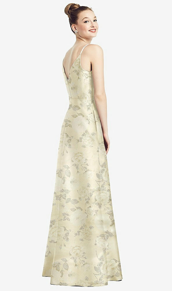 Back View - Butter Yellow Floral Draped Wrap Floral Satin Maxi Dress with Pockets