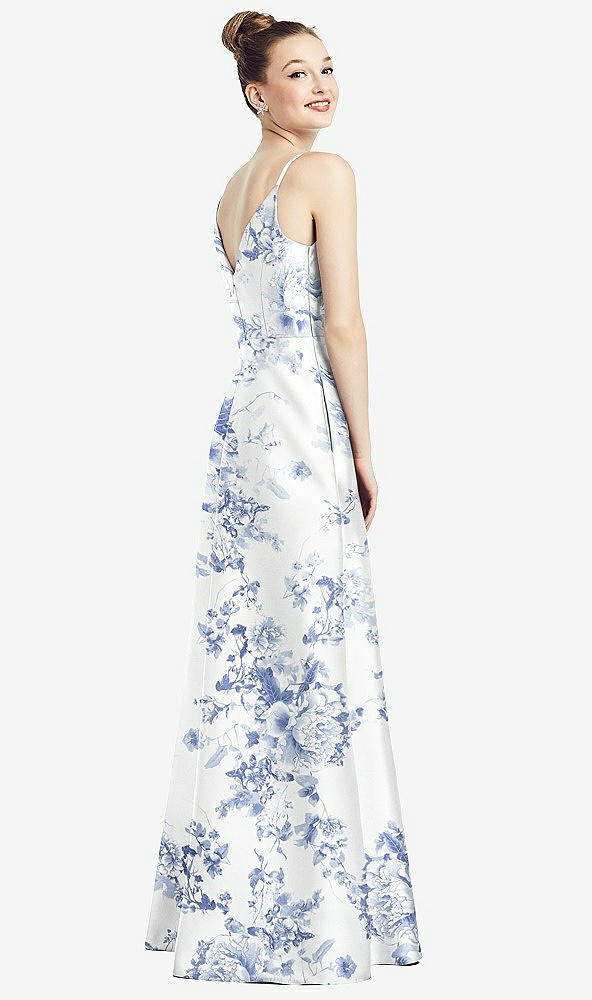 Back View - Cottage Rose Larkspur Draped Wrap Floral Satin Maxi Dress with Pockets