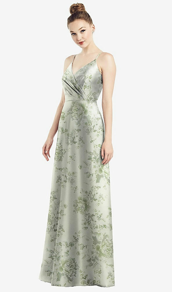 Front View - Sage Cottage Rose Draped Wrap Floral Satin Maxi Dress with Pockets