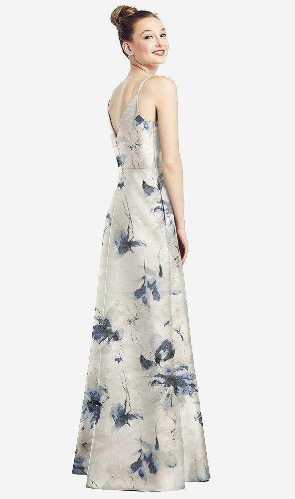 Back View - Inkwash Blue Floral Draped Wrap Floral Satin Maxi Dress with Pockets