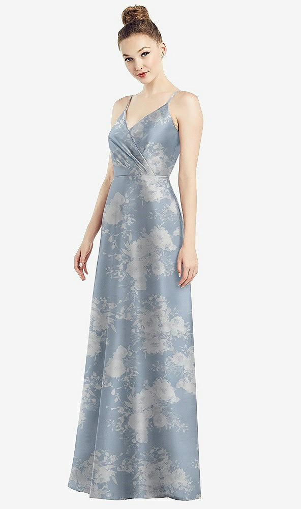 Front View - Porcelain Blue Seraphina Floral Draped Wrap Floral Satin Maxi Dress with Pockets