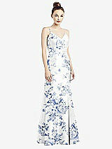 Front View Thumbnail - Cottage Rose Larkspur Open-Back Bow Tie Floral Satin Trumpet Gown