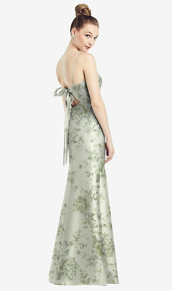 Back View - Sage Cottage Rose Open-Back Bow Tie Floral Satin Trumpet Gown