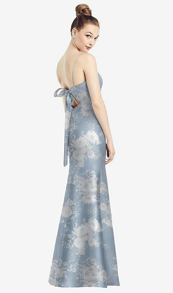 Back View - Porcelain Blue Seraphina Floral Open-Back Bow Tie Floral Satin Trumpet Gown