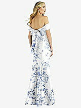 Rear View Thumbnail - Cottage Rose Larkspur Off-the-Shoulder Bow-Back Floral Satin Trumpet Gown