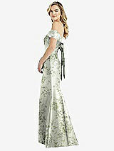 Side View Thumbnail - Sage Cottage Rose Off-the-Shoulder Bow-Back Floral Satin Trumpet Gown