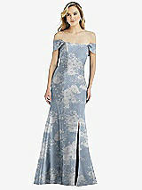 Front View Thumbnail - Porcelain Blue Seraphina Floral Off-the-Shoulder Bow-Back Floral Satin Trumpet Gown