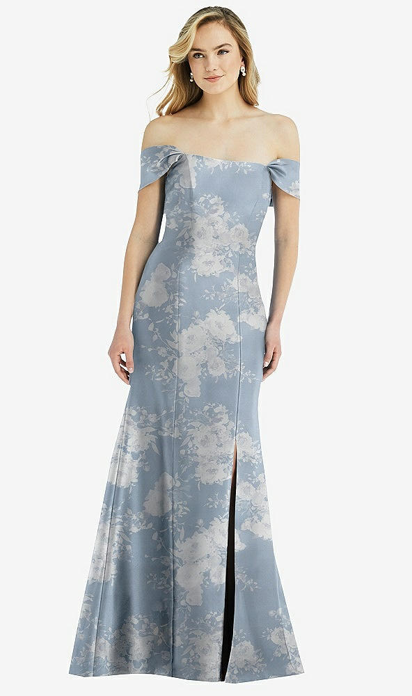 Front View - Porcelain Blue Seraphina Floral Off-the-Shoulder Bow-Back Floral Satin Trumpet Gown