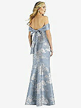 Rear View Thumbnail - Porcelain Blue Seraphina Floral Off-the-Shoulder Bow-Back Floral Satin Trumpet Gown