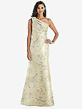 Alt View 1 Thumbnail - Butter Yellow Floral Bow One-Shoulder Floral Satin Trumpet Gown