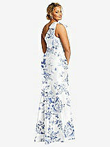 Rear View Thumbnail - Cottage Rose Larkspur Bow One-Shoulder Floral Satin Trumpet Gown