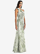 Alt View 2 Thumbnail - Sage Cottage Rose Bow One-Shoulder Floral Satin Trumpet Gown