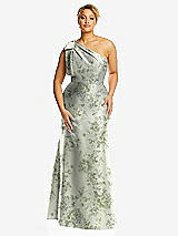 Front View Thumbnail - Sage Cottage Rose Bow One-Shoulder Floral Satin Trumpet Gown