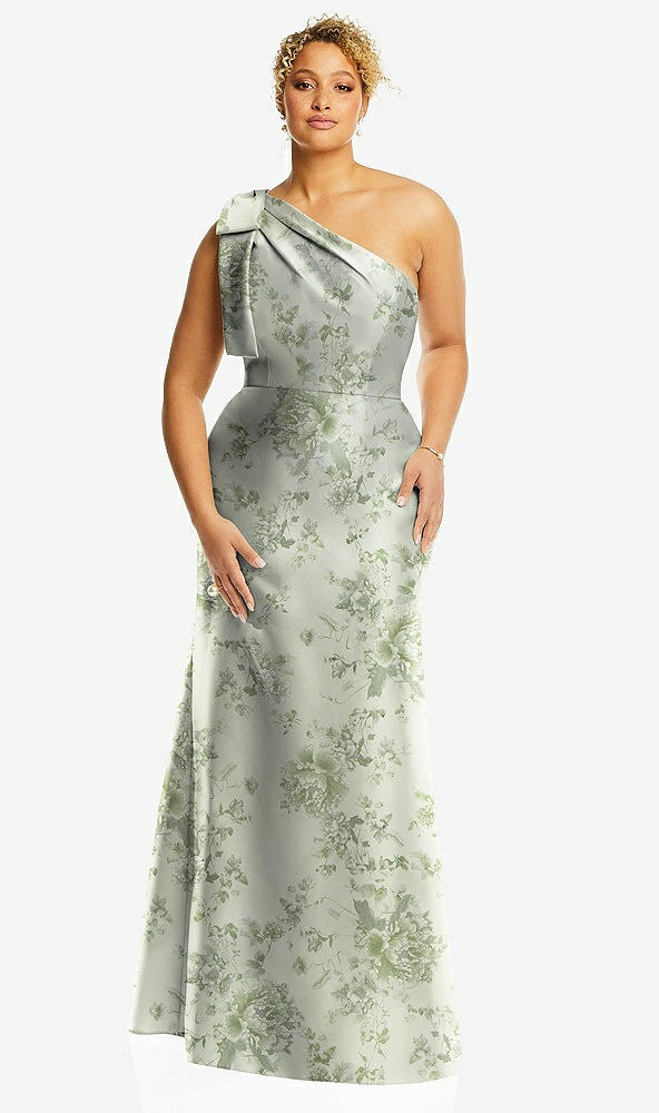 Front View - Sage Cottage Rose Bow One-Shoulder Floral Satin Trumpet Gown