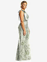 Side View Thumbnail - Sage Cottage Rose Bow One-Shoulder Floral Satin Trumpet Gown