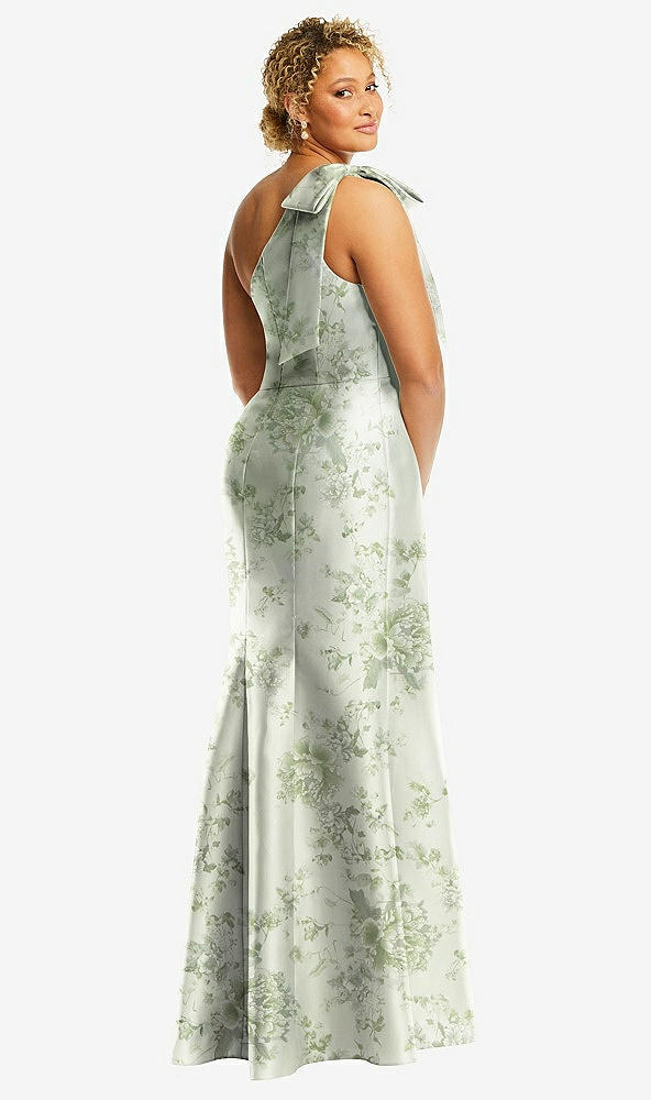 Back View - Sage Cottage Rose Bow One-Shoulder Floral Satin Trumpet Gown