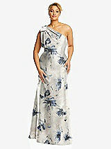 Front View Thumbnail - Inkwash Blue Floral Bow One-Shoulder Floral Satin Trumpet Gown
