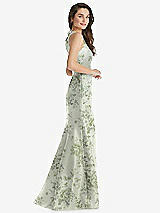 Side View Thumbnail - Sage Cottage Rose Jewel Neck Bowed Open-Back Floral SatinTrumpet Dress