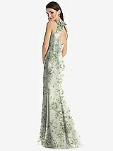 Rear View Thumbnail - Sage Cottage Rose Jewel Neck Bowed Open-Back Floral SatinTrumpet Dress