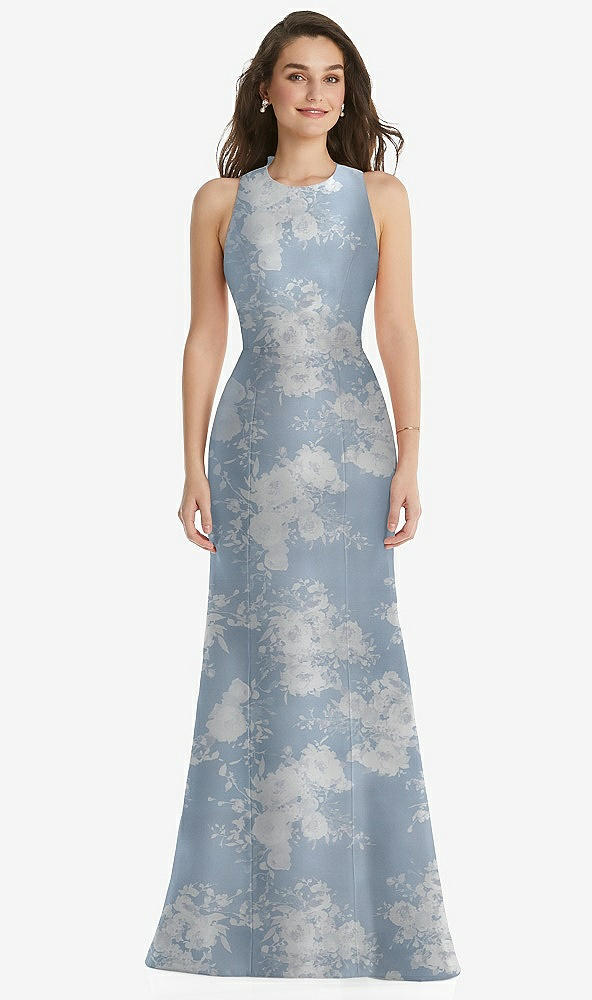 Front View - Porcelain Blue Seraphina Floral Jewel Neck Bowed Open-Back Floral SatinTrumpet Dress