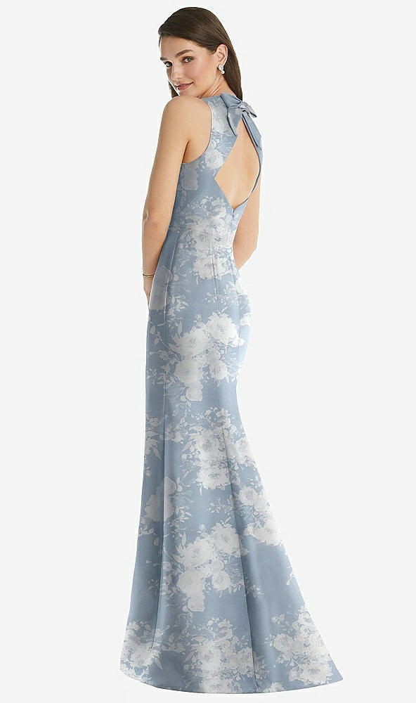 Back View - Porcelain Blue Seraphina Floral Jewel Neck Bowed Open-Back Floral SatinTrumpet Dress