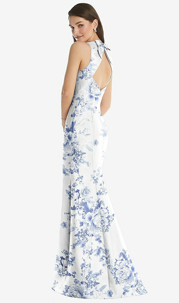 Back View - Cottage Rose Larkspur Jewel Neck Bowed Open-Back Floral Trumpet Dress with Front Slit