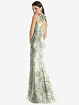 Rear View Thumbnail - Sage Cottage Rose Jewel Neck Bowed Open-Back Floral Trumpet Dress with Front Slit