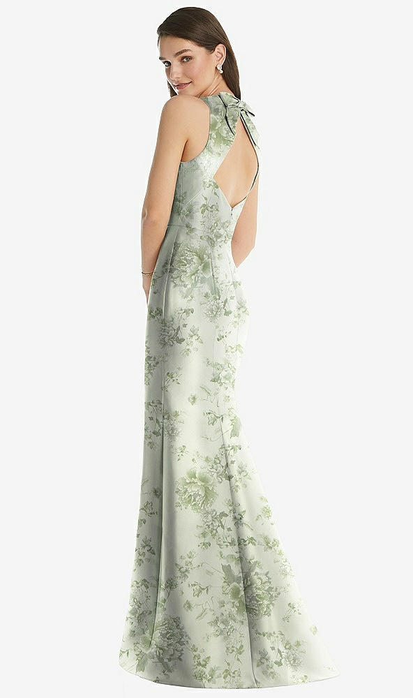 Back View - Sage Cottage Rose Jewel Neck Bowed Open-Back Floral Trumpet Dress with Front Slit