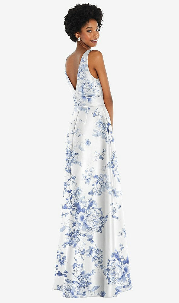 Back View - Cottage Rose Larkspur Jewel-Neck V-Back Floral Satin Maxi Dress with Mini Sash