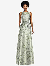 Front View Thumbnail - Sage Cottage Rose Jewel-Neck V-Back Floral Satin Maxi Dress with Mini Sash