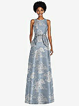 Front View Thumbnail - Porcelain Blue Seraphina Floral Jewel-Neck V-Back Floral Satin Maxi Dress with Mini Sash