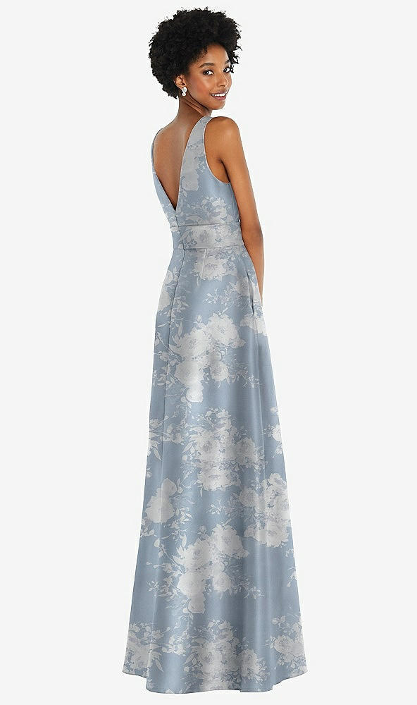 Back View - Porcelain Blue Seraphina Floral Jewel-Neck V-Back Floral Satin Maxi Dress with Mini Sash