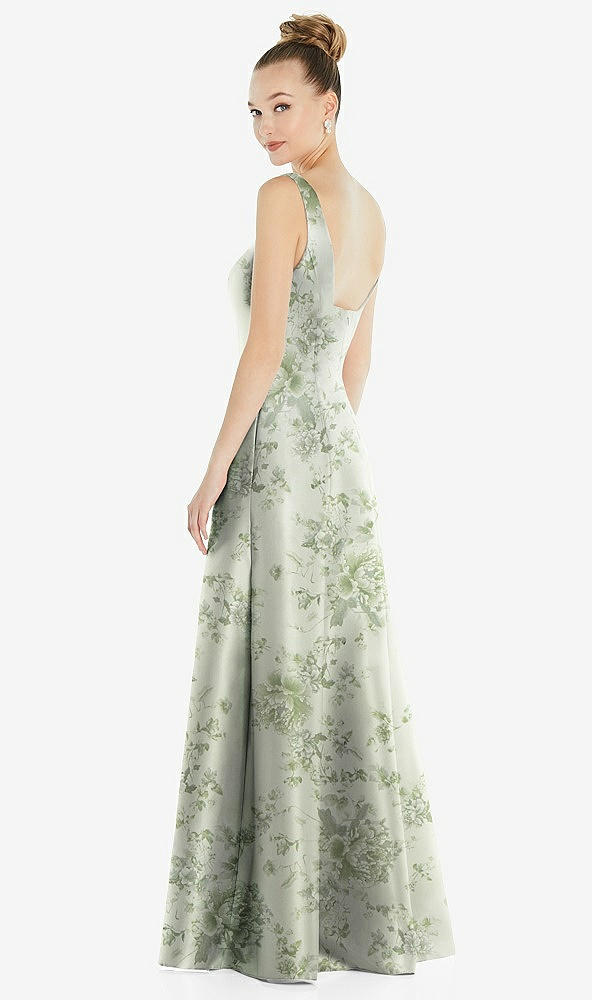 Back View - Sage Cottage Rose Sleeveless Square-Neck Princess Line Floral Gown with Pockets