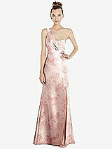 Front View Thumbnail - Bow And Blossom Print Draped One-Shoulder Floral Satin Trumpet Gown with Front Slit