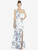 Front View Thumbnail - Cottage Rose Larkspur Draped One-Shoulder Floral Satin Trumpet Gown with Front Slit