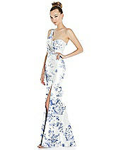 Side View Thumbnail - Cottage Rose Larkspur Draped One-Shoulder Floral Satin Trumpet Gown with Front Slit