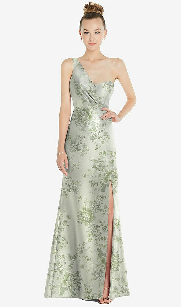 Front View - Sage Cottage Rose Draped One-Shoulder Floral Satin Trumpet Gown with Front Slit