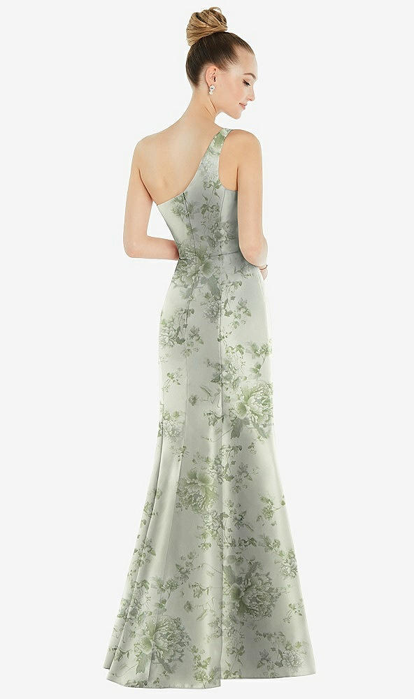 Back View - Sage Cottage Rose Draped One-Shoulder Floral Satin Trumpet Gown with Front Slit