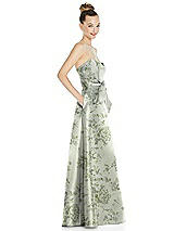 Side View Thumbnail - Sage Cottage Rose Basque-Neck Strapless Floral Satin Gown with Mini Sash