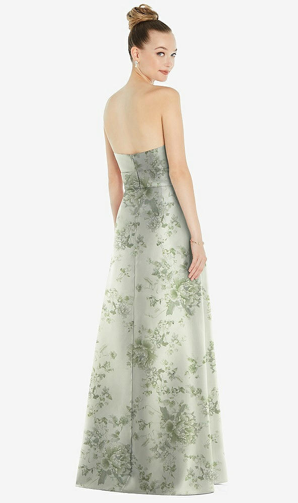 Back View - Sage Cottage Rose Basque-Neck Strapless Floral Satin Gown with Mini Sash