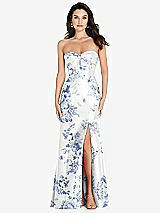 Front View Thumbnail - Cottage Rose Larkspur Bow Cuff Strapless Floral Princess Waist Trumpet Gown