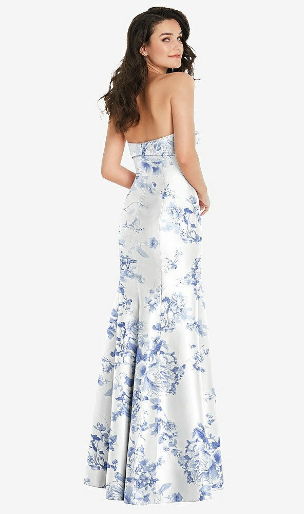 Back View - Cottage Rose Larkspur Bow Cuff Strapless Floral Princess Waist Trumpet Gown